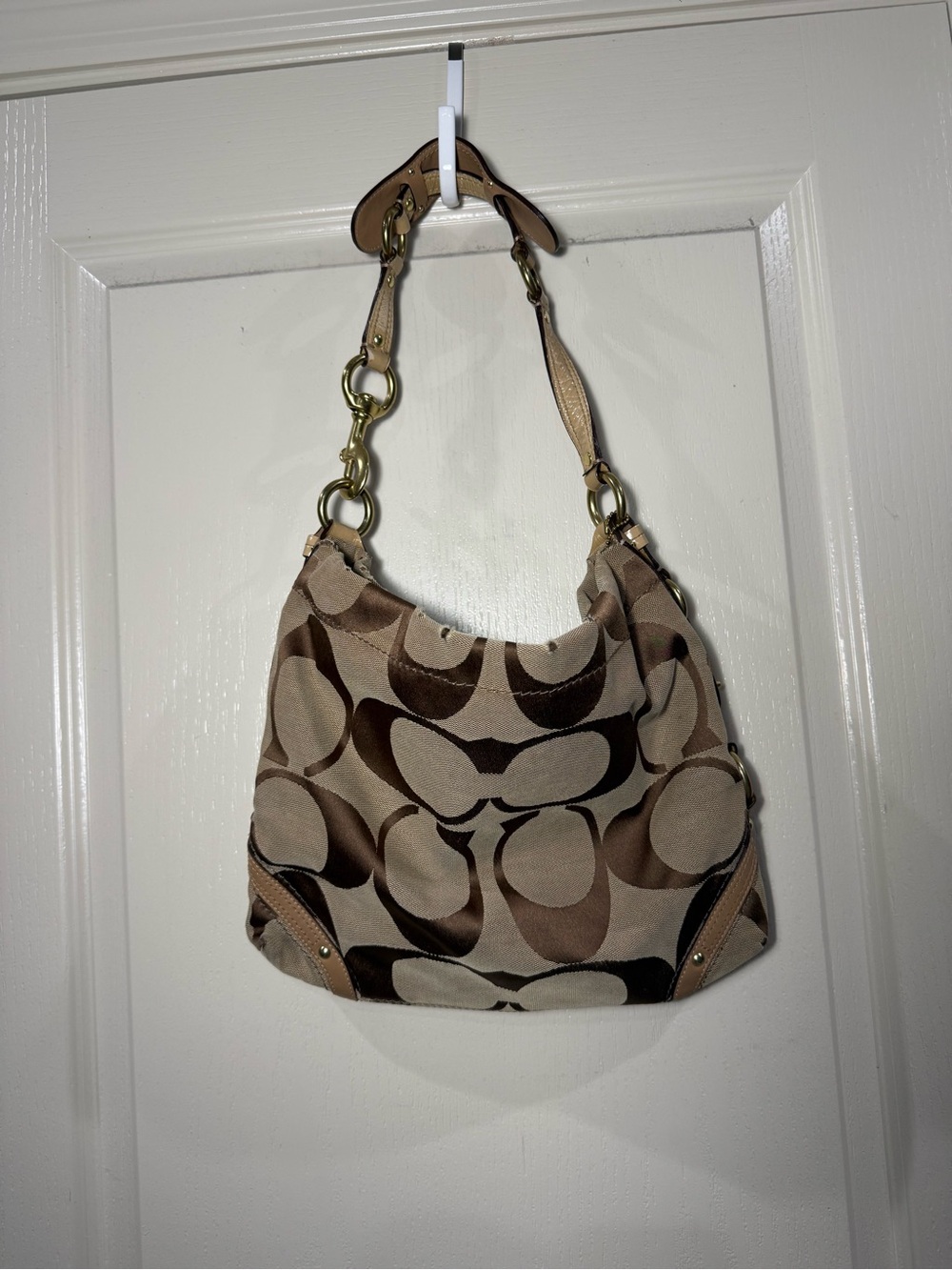 COACH 90s Signature Monogram Hobo Bag Carly Shoulder Bag  Brown Vintage